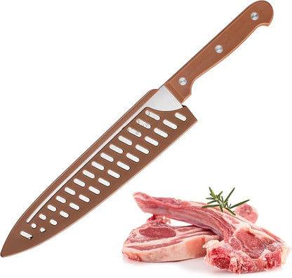 OLULU 8 inch Chef Knife, Razor Sharp Kitchen Knife with Protective Knife Sheath, Razor Sharp Slicing Knife with Ergonomic Handle, German Stainless Steel, Dishwasher Safe (Brown Color)