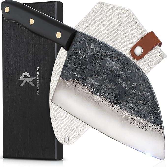 Kitchen perfection Handmade Meat Cleaver Knife for Meat Cutting - Professional 7" Serbian Chef Knife - Made of High Carbon Steel - Hand Sharpen Butcher Knife with Canvas Sheath, Unique Gifts for Men