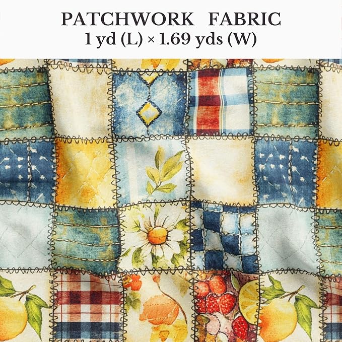 Patchwork Cotton Fabric Panel 61 x 36.6 Inches, Lemon Fruit Quilt Style Pattern, Rustic Blue Yellow Design, 100% Cotton 140 GSM