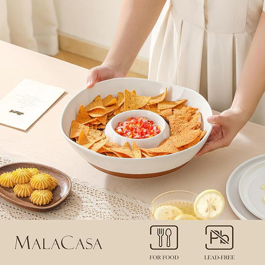 MALACASA Ceramic Chips and Dip Serving Tray, 12 Inch Large Divided Bowls Set for Salsa, Veggies & Dip, Appetizers, Snacks, Free-Form Serving Dish Platter for Parties Hosting & Entertaining, White