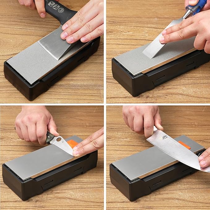 SHARPAL 163N Diamond Sharpening Stone, Dual Grit 220/600 – Extra Coarse & Fine for Dull and Damaged Blades, 8" x 3" with Storage Case (NonSlip Base) & Angle Guide