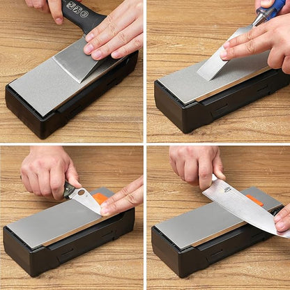 SHARPAL 163N Diamond Sharpening Stone, Dual Grit 220/600 – Extra Coarse & Fine for Dull and Damaged Blades, 8" x 3" with Storage Case (NonSlip Base) & Angle Guide