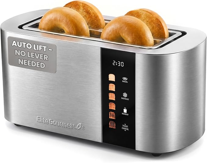 Elite Gourmet ECT5500 4-Slice Long Slot Toaster, Fully Automatic Motorized, Stainless Steel Digital Touchscreen, Extra-Wide Slots, 6 Browning Levels, Bagel, Defrost & Reheat