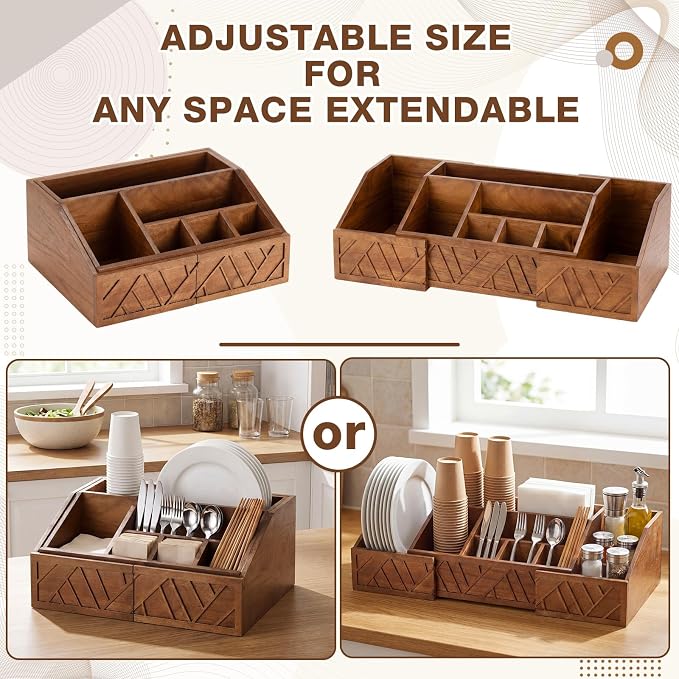 Paper Plate Dispenser Extendable, Paper Plate Holder for Kitchen Counter Wood Silverware Utensil Caddy Cutlery Flatware Organizer Box for Cups Spoons Forks Kitchen Accessories (Nut-brown)
