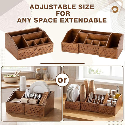 Paper Plate Dispenser Extendable, Paper Plate Holder for Kitchen Counter Wood Silverware Utensil Caddy Cutlery Flatware Organizer Box for Cups Spoons Forks Kitchen Accessories (Nut-brown)