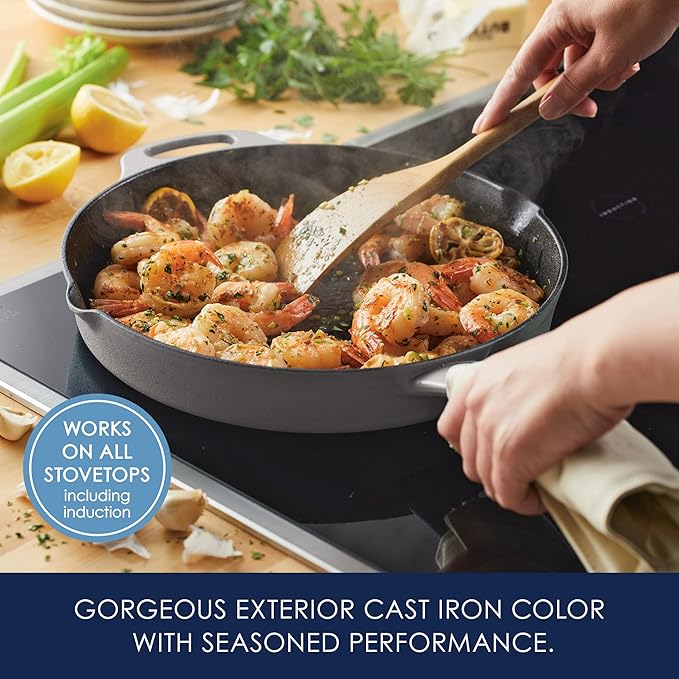 Rachael Ray NITRO Cast Iron Frying Pan/Skillet with Helper Handle and Pour Spouts, 12 Inch, Gray