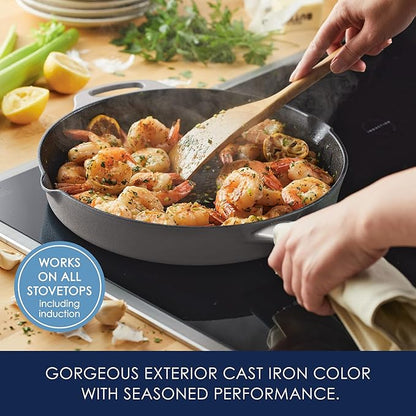 Rachael Ray NITRO Cast Iron Frying Pan/Skillet with Helper Handle and Pour Spouts, 12 Inch, Gray