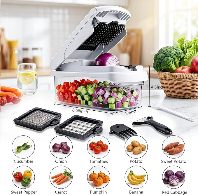 Laxeqohck12 in 1 Vegetable Chopper with Container, Stainless Steel Blade Onion Dicer, Safe Hand Guard Mandoline Slicer, Multifunctional Potato Grater Cutter for Kitchen Meal Prep Salad Making (white)