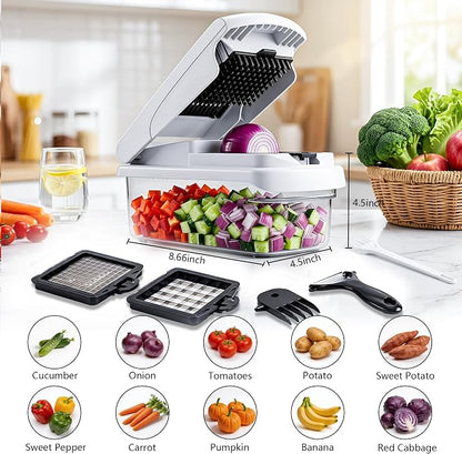 Laxeqohck12 in 1 Vegetable Chopper with Container, Stainless Steel Blade Onion Dicer, Safe Hand Guard Mandoline Slicer, Multifunctional Potato Grater Cutter for Kitchen Meal Prep Salad Making (white)