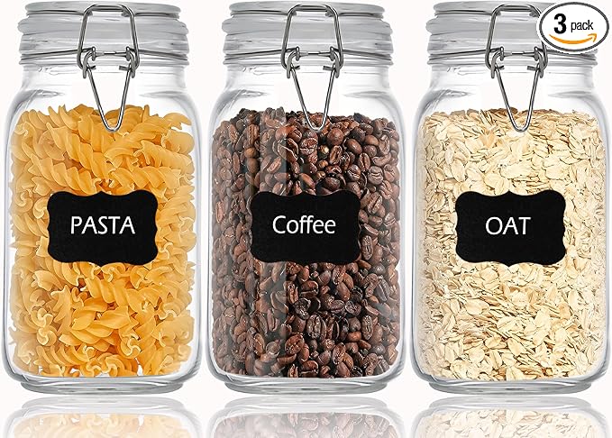 Clear Food Storage Jars 50oz Square, Airtight Glass Canister with Lids Set of 3, Kitchen & Pantry Organization Food Storage Container for Canning, Sugar, Flour, Candy, Cereal, Coffee