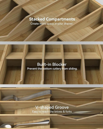 Expandable Utensil Drawer Organizer for Silverware,Bamboo 12 Slot | V-Groove & Anti-Slip Blocks, Vertical Storage,16.7" D x 13”-20" Wx 2.56" H, Cutlery Holder Dividers for Spoons Forks Knives