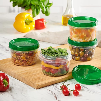 PLASTICPRO 12 Pack Twist Cap Food Storage Containers with Green Screw on Lid- 16 oz Reusable Meal Prep Containers - Freezer and Microwave Safe Green Plastic Food Storage