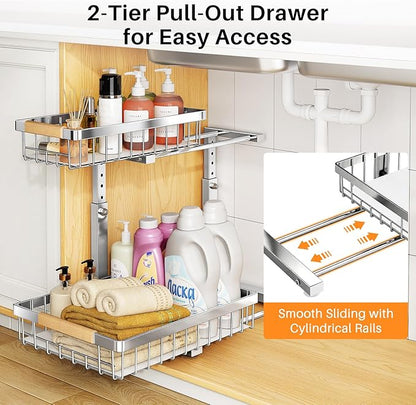 PXRACK Under Sink Organizer, Adjustable Height, 2 Tier Pull Out Cabinet Organizer, Slide Out Thickened Metal Storage for Kitchen Bathroom Laundry Pantry Cabinet, Stainless Steel, Silver, Large-1-Pack