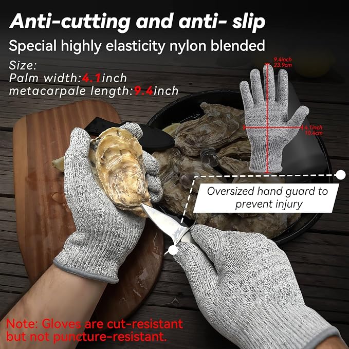 Oyster Shucking Kit, Sturdy Sharpness Oyster Knife And Glove Set With Comfort Wood-handle, Shucking Knife With 5-leve Protection Cut-resistant Glove(XL), with Leather Case Prevents Damaged