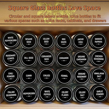 Spice Jars with Labels - 24 Glass Spice with Shaker Lids & Airtight Plastic Caps - 4oz Complete Seasoning Containers Organizer Set for Cabinet, Drawer & Rack (Black)
