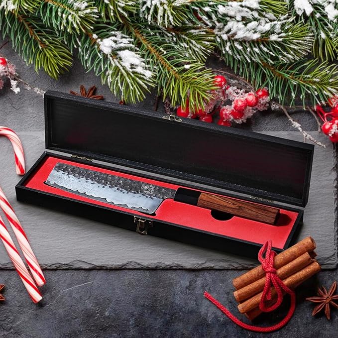 MITSUMOTO SAKARI 7-Inch Japanese Nakiri Knife, 9Cr18MoV Steel | Wide Nakiri blade for vegetable push cuts, 12° edge, 3-layer 9Cr18MoV steel, rosewood handle, sandalwood box