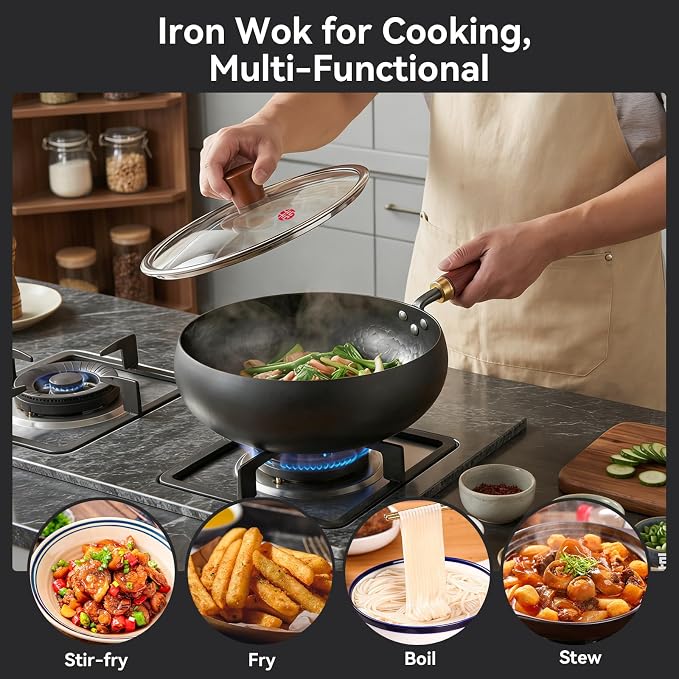 WANGYUANJI 9.5" Carbon Steel Wok - [Heavy-Duty & Thickened Base] - Deep Bowl Stir Fry Pan for Induction, Electric & Gas - Warp-Resistant, Splatter-Free Design with Lid (1-2 Person)