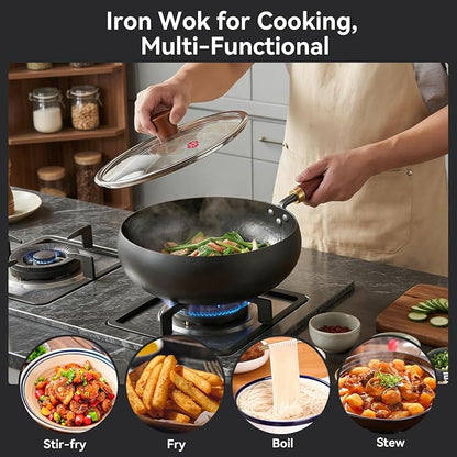 WANGYUANJI 9.5" Carbon Steel Wok - [Heavy-Duty & Thickened Base] - Deep Bowl Stir Fry Pan for Induction, Electric & Gas - Warp-Resistant, Splatter-Free Design with Lid (1-2 Person)