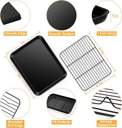E-far Toaster Oven Baking Sheet with Rack Set, 9 x 7 x 1 Inch Cookie Sheet Baking Pans with Cooling Racks, Warp Resistant & Heavy-Duty, Nonstick & Easy Clean (2 Pans + 2 Racks)