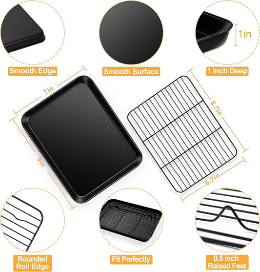 E-far Toaster Oven Baking Sheet with Rack Set, 9 x 7 x 1 Inch Cookie Sheet Baking Pans with Cooling Racks, Warp Resistant & Heavy-Duty, Nonstick & Easy Clean (2 Pans + 2 Racks)