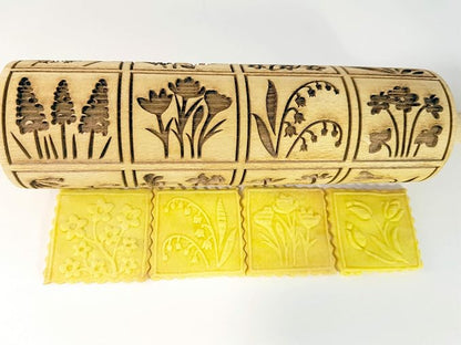 SPRING FLOWERS Embossing Rolling Pin with 16 Different Flowers in Squares. Dough and Clay Roller for Embossed Cookies and Pottery. Cookie and Ceramic Stamp. Baking Gifts for Women by Algis Crafts