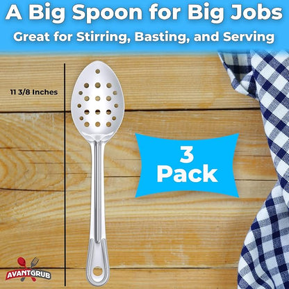 Super Strong, Ergonomic 11 in Serving Spoon 3 Pk. Big, Perforated Stainless Steel Spoons for Cooking, Baking and Basting. Best Kitchen Flatware for Buffet and Banquet Service in Restaurants and Homes
