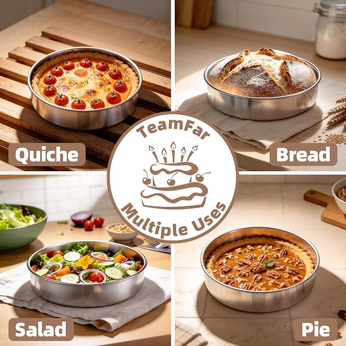 TeamFar 8 Inch Cake Pan Set of 2, Stainless Steel Layer Cake Baking Pans Tins with 90 Pcs Parchment Paper, Round Bakeware for Birthday Wedding, Non-Toxic & Healthy, Mirror Finish & Dishwasher Safe
