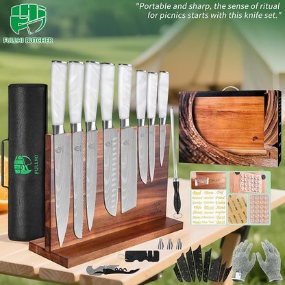 FULLHI 15pcs Japanese Knife Set with Magnetic Knife Block Holder, Stainless Steel Blades, White Resin Ergonomic Handles for Professional and Home Cooking