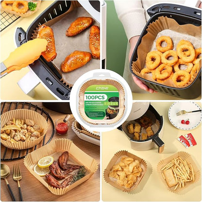 Air Fryer Paper Liner Disposable - 100PCS 6.5 Inch Square Liners for Air Fryer, Grease and Water Proof Non Stick Basket Parchment Paper