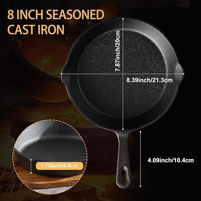EWFEN Cast Iron Skillet 8 Inch, Pre-Seasoned Frying Pan, Heavy-Duty Professional Restaurant Chef Quality Cookware with Drip Spout, Indoor & Outdoor Use, Compatible with Oven, Stove, Grill & Campfire