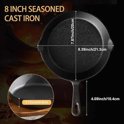 EWFEN Cast Iron Skillet 8 Inch, Pre-Seasoned Frying Pan, Heavy-Duty Professional Restaurant Chef Quality Cookware with Drip Spout, Indoor & Outdoor Use, Compatible with Oven, Stove, Grill & Campfire