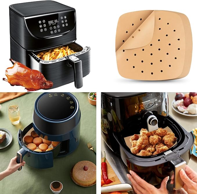 Air Fryer Liners, 200Pcs Square, 8.5 Inch Perforated Parchment Paper Sheets for Baking, HOFHTD Parchment Paper for Air Fryer and Bamboo Steaming Basket (Unbleached)