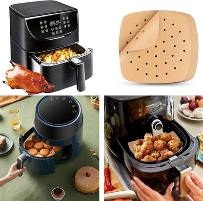 Air Fryer Liners, 200Pcs Square, 8.5 Inch Perforated Parchment Paper Sheets for Baking, HOFHTD Parchment Paper for Air Fryer and Bamboo Steaming Basket (Unbleached)