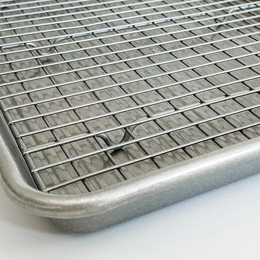 USA Pan 1607CR Bakeware Extra Large Sheet Baking Pan and Bakeable Nonstick Cooling Rack Set, XL, Metal & Bakeware Muffin Pan, 12-Well, Aluminized Steel