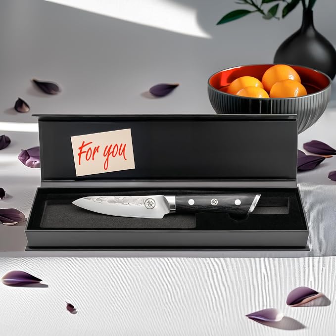 4.5” Professional Paring Knife – Hand Forged Small Kitchen Knife with Dark Wood Handle, Razor Sharp, Full Tang – from British Fusion Atelier KOKORO – A Thoughtful Gift for Cooks and Foodies