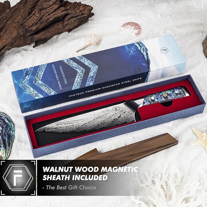 FANTECK Chef Knife 8 Inch,Damascus Japanese Professional High Carbon 67-layers VG10 Kitchen Cooking Knife,Super Sharp Stainless Steel Chef Knives with Full Tang Abalone Shell Handle-Walnut Wood Cover