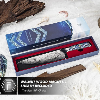FANTECK Chef Knife 8 Inch,Damascus Japanese Professional High Carbon 67-layers VG10 Kitchen Cooking Knife,Super Sharp Stainless Steel Chef Knives with Full Tang Abalone Shell Handle-Walnut Wood Cover