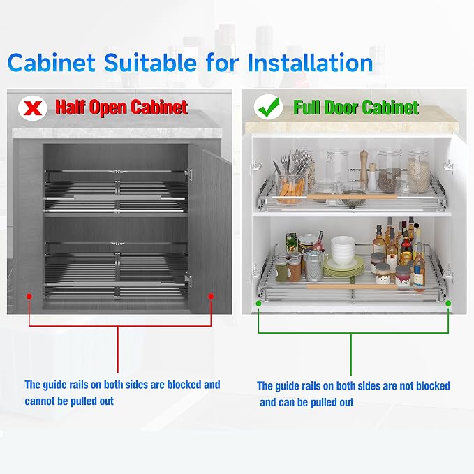 SUZLON Expandable Pull Out Cabinet Organizer,23~39.8" W x 22.5" D Heavy Duty Slide Out Shelves Adjustable Height Cabinet Pull Out Shelves,Expandable Width Spice Rack Organizer for Kitchen Cabinet