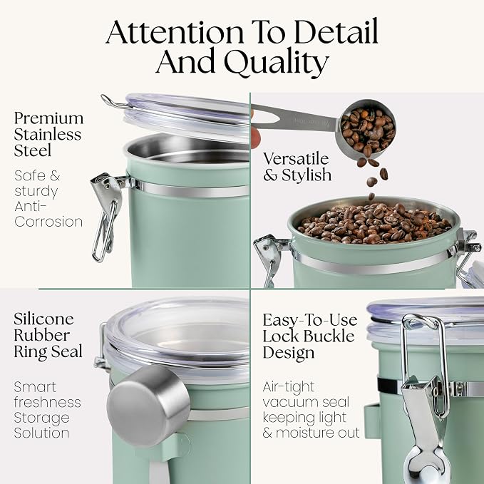 Mixpresso Green Coffee Canister, 16oz Airtight Stainless Steel Kitchen Food Storage Container with Clear Lid and Spoon. for Grounds Coffee, Beans, Tea, Flour, Cereal, Vacuum Sealed Sugar Container