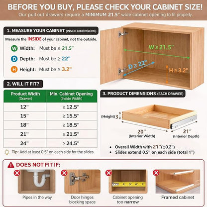 Menkxi 2 Set Wooden Pull out Cabinet Organizer Fully Assembled Slide out Pantry Drawer with Gentle Close Storage Shelf Tray for Base Kitchen Under Sink Bathroom Accessory(Wood Color,21'' X 21'' X 3'')