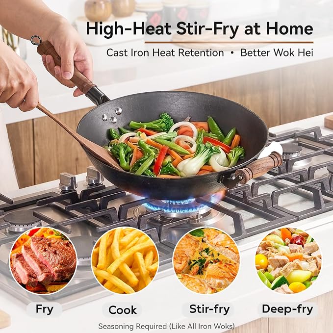 WANGYUANJI Cast Iron Wok Pan with Lid, 13.4 Inch Flat Bottom Uncoated Stir Fry Skillet, Traditional Chinese Iron Pot for 3-5 People, Detachable Walnut Handle, Compatible with Induction & Gas Stoves