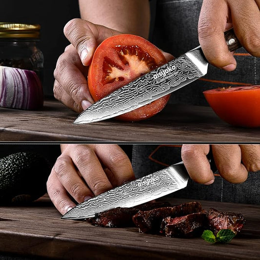 Aisyoko 5-Inch Paring Knife - Japanese VG-10 Super Steel 67-Layer Damascus Blade - Fruit Utility Knife for Carving & Peeling - Luxury Gift Box with Color Wooden Handle - Includes Scabbard