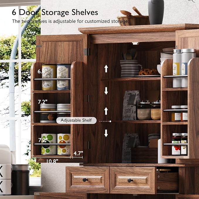 71.2" Tall Kitchen Pantry Cabinet with 3 Pull Out Cabinets Organizer, Farmhouse Embossed Texture Storage Cabinet with 6 Door Shelves, 2 Drawers, Brown Freestanding Cupboard for Kitchen, Dining Room