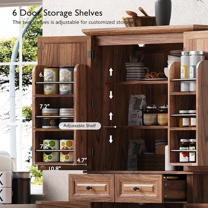 71.2" Tall Kitchen Pantry Cabinet with 3 Pull Out Cabinets Organizer, Farmhouse Embossed Texture Storage Cabinet with 6 Door Shelves, 2 Drawers, Brown Freestanding Cupboard for Kitchen, Dining Room