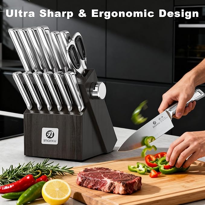 imarku Knife Kitchen Sets, Japanese Stainless Steel 14 Pcs Knife Block Set,Chef Knives with Built-in Sharpener, Dishwasher Safe, Non-Slip Ergonomic Handle,Deba Knife for Fish, Essential Home Gift
