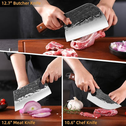 Chef Knife Set, 3 PCS Japanese Kitchen Butcher Knife Set, Serbian Chef Knives Meat Cleaver Viking Boning Knives, Professional Hand Forged Steel, for Home Outdoor Cooking Camping BBQ
