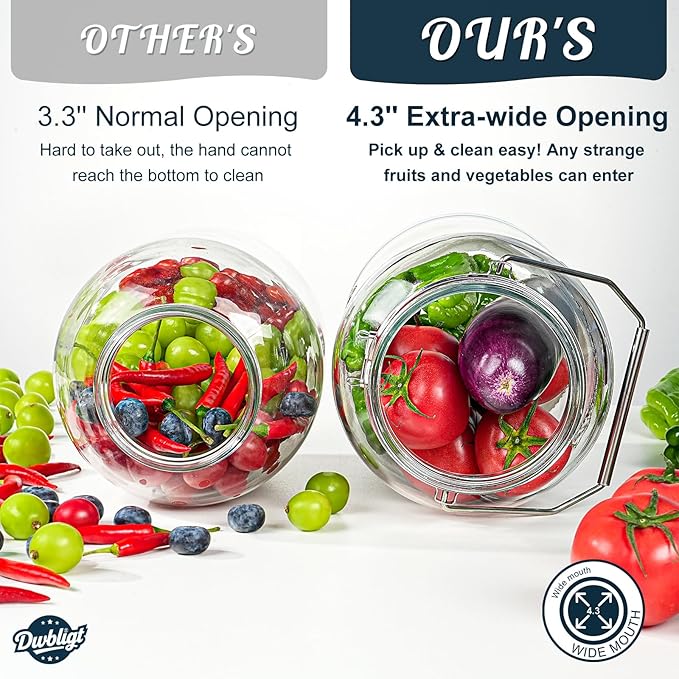 1.5 Gallon Huge Glass Jar with Airtight Lid, Wide Mouth Large Mason Jars for Fermenting, Pickling, Canning, Water Glassing Eggs, Kombucha, and Food Storage – with Handle & Scale Marks(2 Packs)