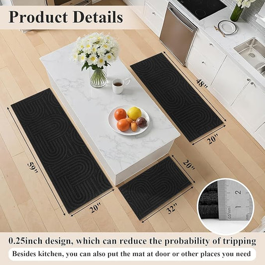 U'Artlines Kitchen Rugs and Mats Set of 3, Non Skid Washable Black Geometric Kitchen Mats for Floor, Absorbent and Stain Resistant Floor Mat for Laundry, Sink Decor 20x32+20x48+20x59