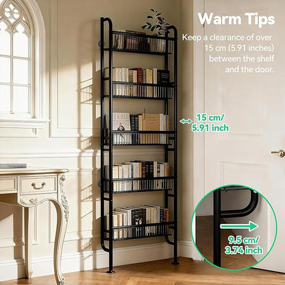 Behind The Door Narrow Bookshelves Pantry Spice Rack 5-Tier Slim Metal Space-Saving Organizer for Bathroom Closet Kitchen Living Room Sturdy Room Laundry Room, Black