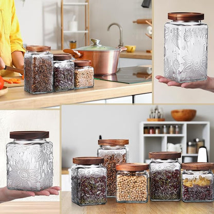 Suclain 5 Pcs Sunflower Vintage Glass Jars with Bamboo Airtight Lid 17/24/34 oz Glass Food Containers Storage for Kitchen Counter Pantry Sugar Flour Coffee Tea Candy Oats Cereal(Square)